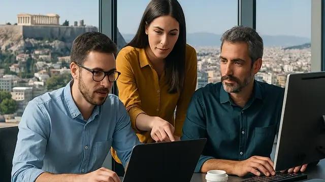 Ομάδα επαγγελματιών πληροφορικής σε συνεργασία στην Αθήνα, με φόντο την Ακρόπολη